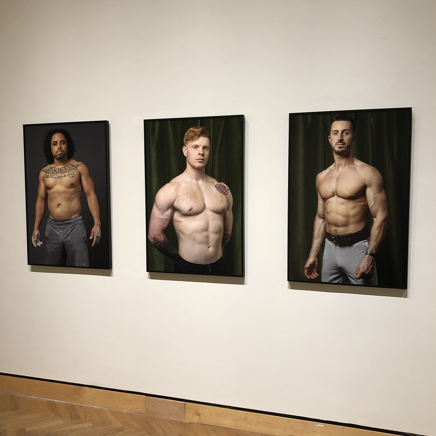 3 photographic portraits of weightlifters without shirts